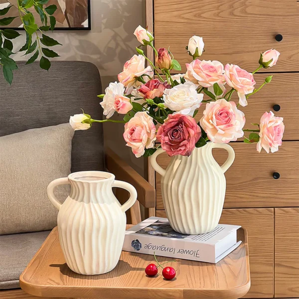 Nordic Flower Vases Shell Shaped Ceramic Vessels Stripe Pattern Vase with Handle